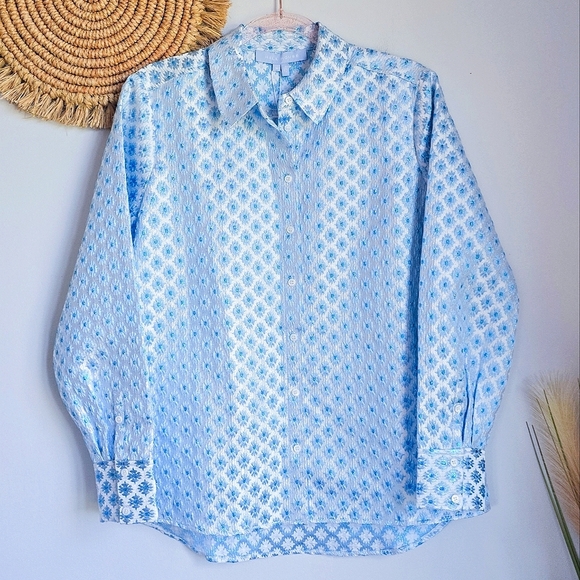Hill House New The James Shirt Snowflake Brocade Metallic Blue Blouse SZ Small - Picture 2 of 11